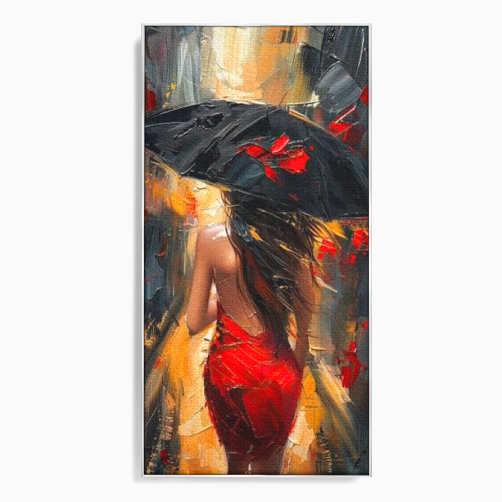 Tablou canvas cu pictura cu femeie si umbrela rosie, in rama de aluminiu argintiu